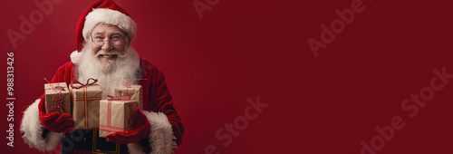 Happy Santa Claus holds many gift boxes in his hands on a red background. Banner. Copy space photo