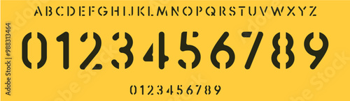 Industrial stencil typography, sleek and bold font for military branding, striking signage, sports jersey numbers, team merchandise. Vector typeset