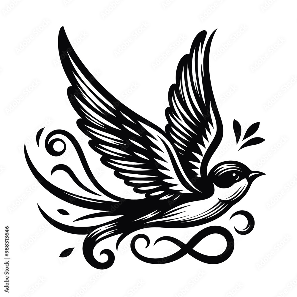 Obraz premium Elegant Black and White Swallow Bird Illustration Vintage Tattoo Design