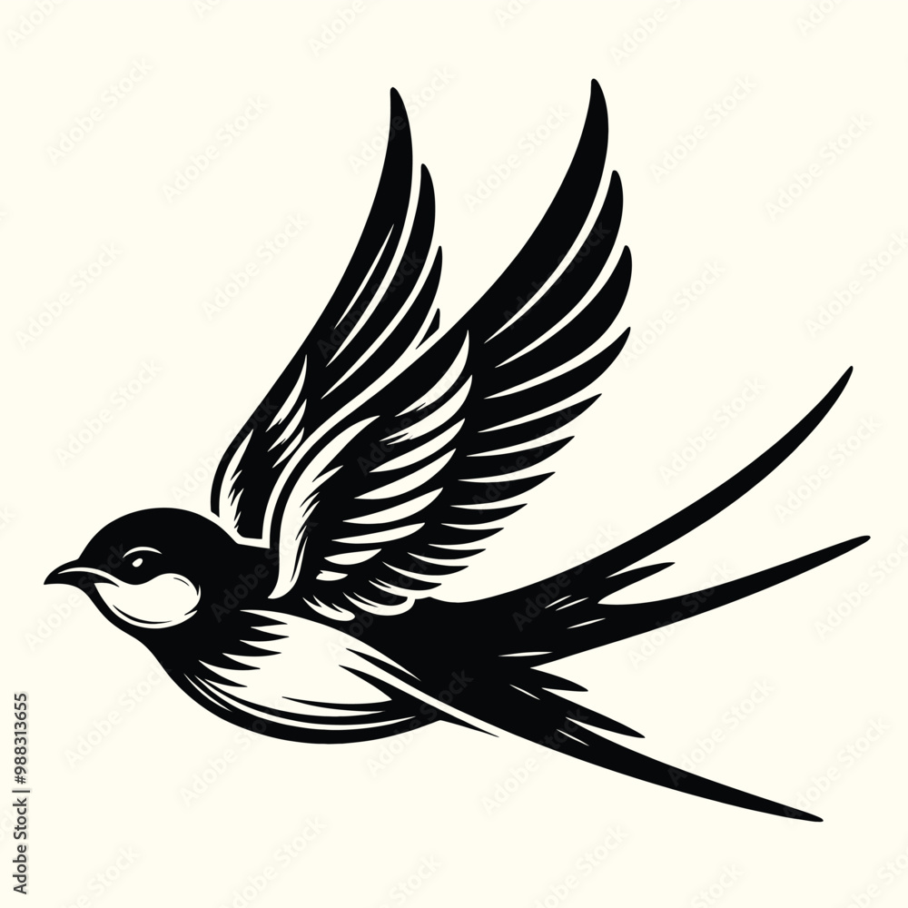 Obraz premium Elegant Black and White Swallow Bird Illustration Vintage Tattoo Style