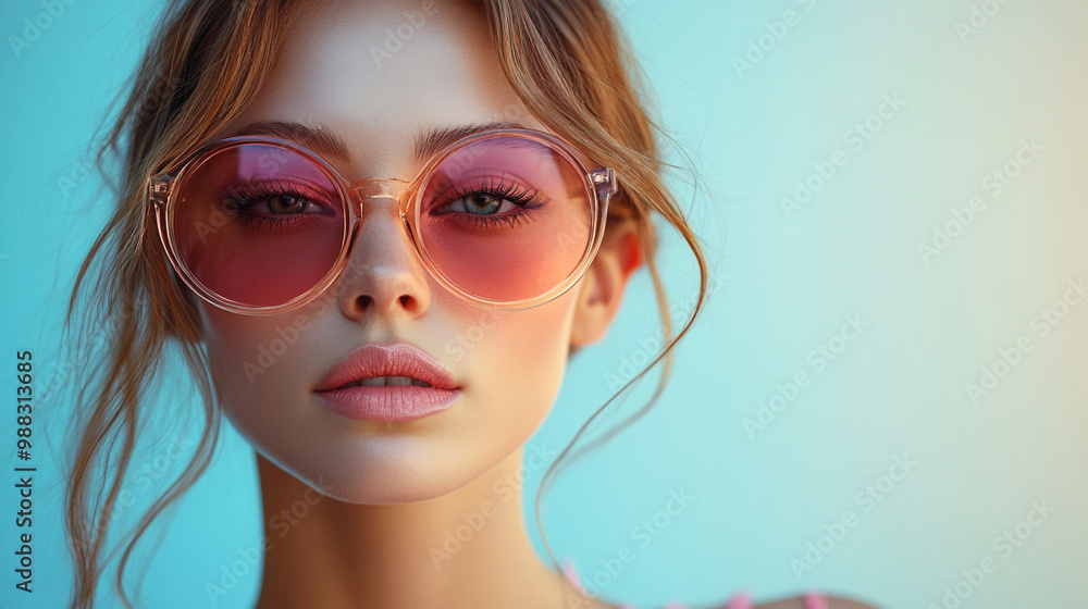 Girl model in pink glasses on a blue background Girl model in pink glasses on a blue background