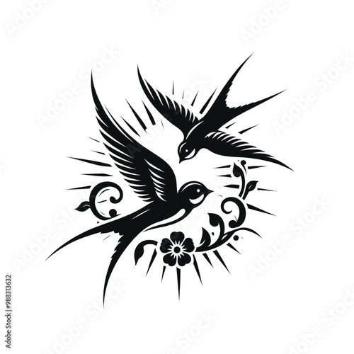 Elegant Swallow Birds in Flight Vintage Floral Design Illustration