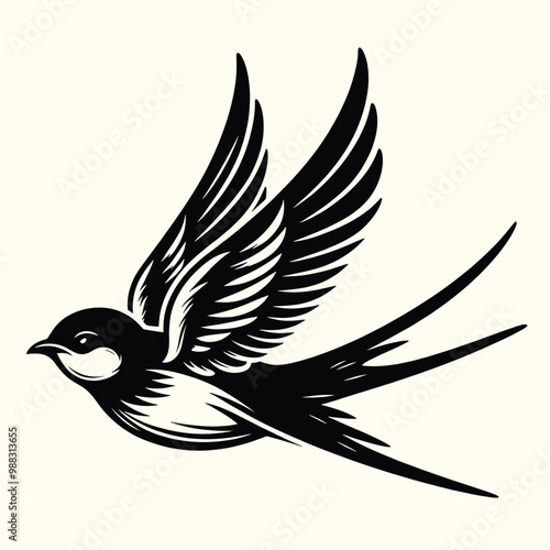 Elegant Black and White Swallow Bird Illustration Vintage Tattoo Style