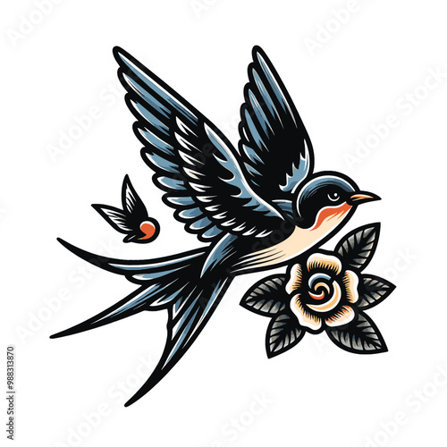 American Traditional Swallow Tattoo Design with Rose
