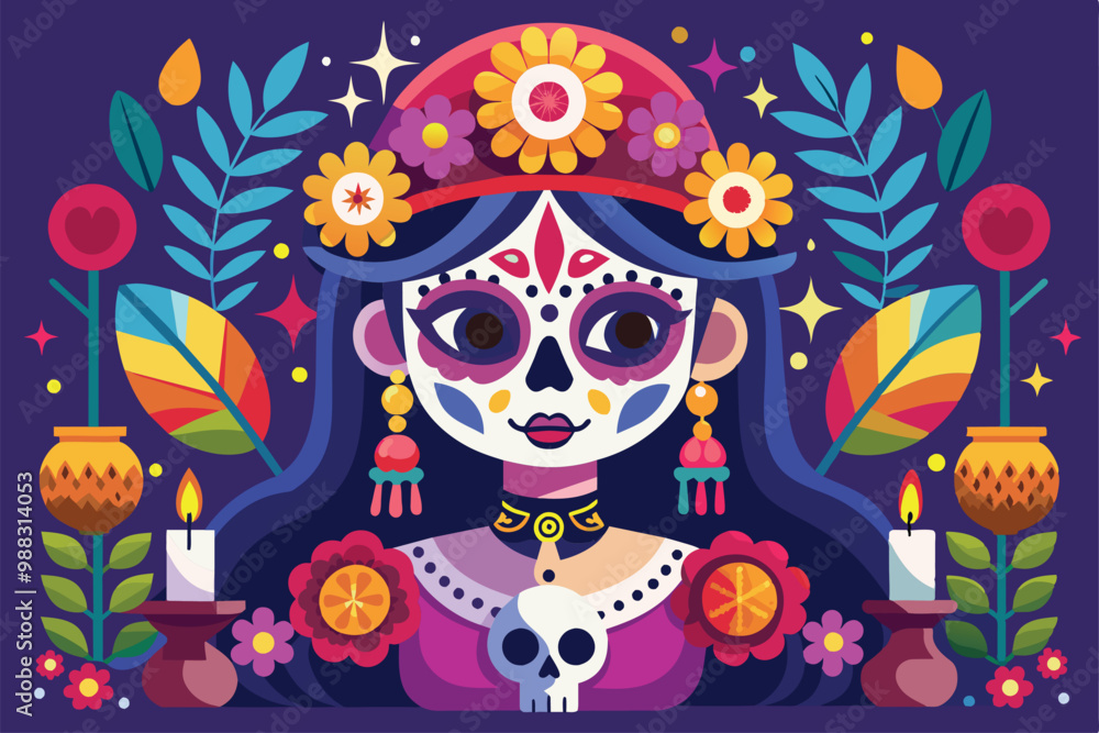 A vibrant display of Dia de Muertos celebration with a sugar skull figure adorned with flowers, candles, and festive elements showcasing rich cultural tradition. A vibrant display of Dia de Muertos celebration with a sugar skull figure adorned with flowers, candles, and festive elements showcasing rich cultural tradition.