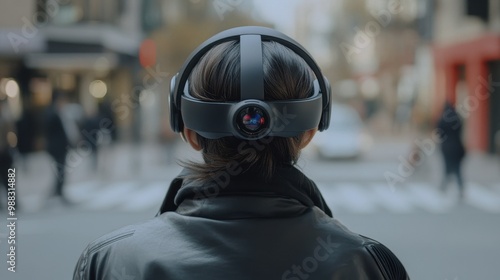 Exploring the Virtual World: A Woman Wearing a VR Headset in the City