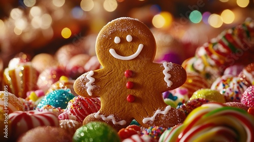 A Smiling Gingerbread Man Surrounded by Colorful Sweets for Christmas and New Year Celebration