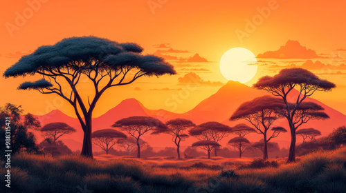 trees on the African savannah, warm orange gradient background, African grassland view, illustration wallpaper background