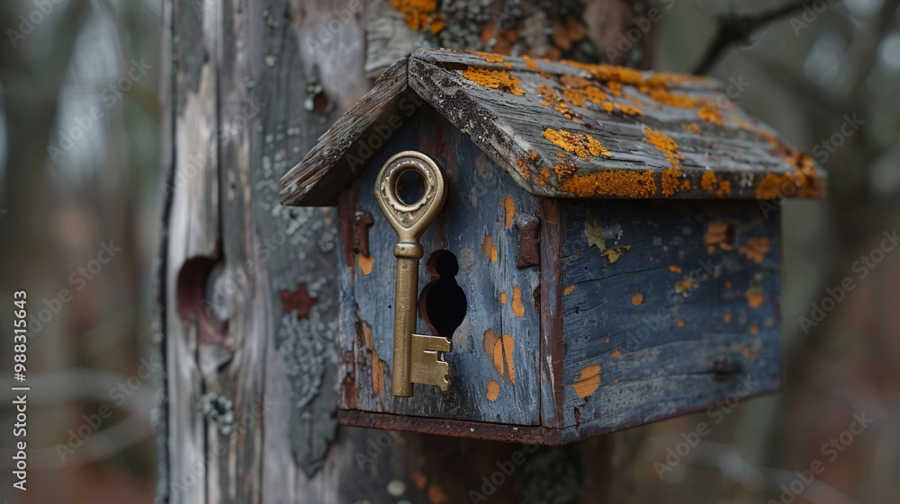 Old beautiful birdhouse with a key close-up Old beautiful birdhouse with a key close-up