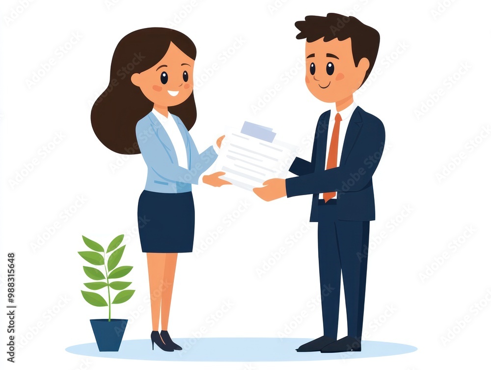 A bank officer handing over loan approval documents to a relieved business owner A bank officer handing over loan approval documents to a relieved business owner
