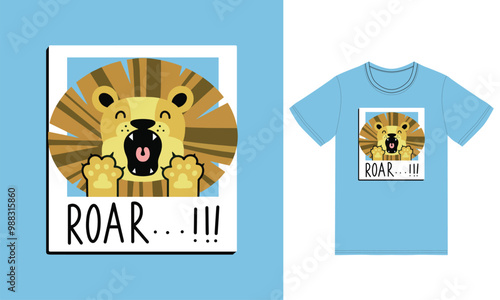 Cute lion roar illustration with tshirt design premium vector