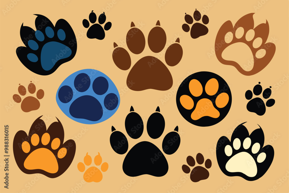 Fototapeta premium This collection showcases various animal paw prints in different colors and designs, perfect for creative projects or educational uses.