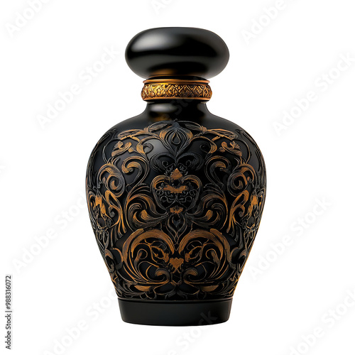 Vintage perfume bottle with intricate patterns, isolated on clean white