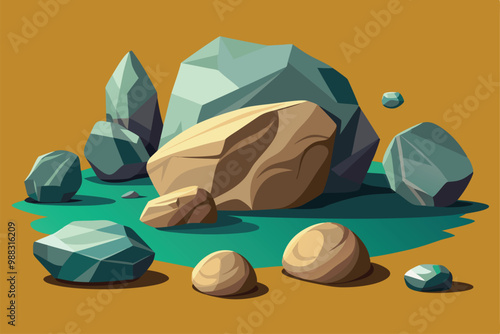 A variety of boulders of differing shapes and sizes are arranged on a bright, colorful background, showcasing their unique textures and colors.