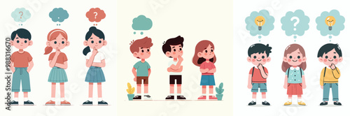 vector set kid is thinking in a simple and minimalist flat design style. plain white background