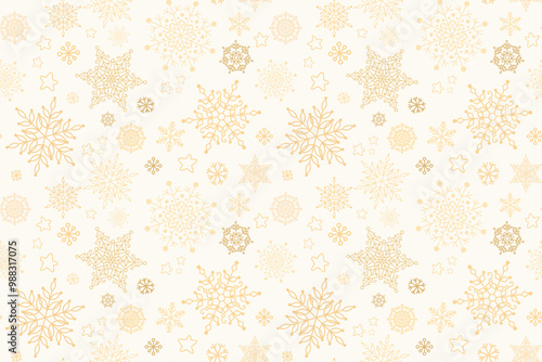 Gold elegant snowflakes seamless pattern on white background. Flat golden festive snowflakes pattern for textile, wrapping paper