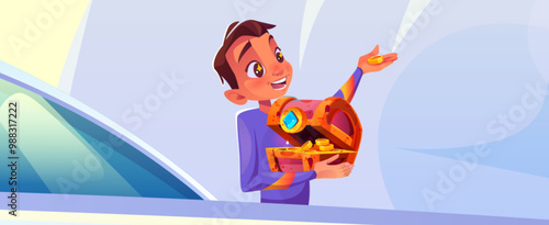 Happy boy holding treasure chest full of money. Vector cartoon illustration of smiling rich kid with sparkling golden coins in wooden box decorated with gemstone, lottery winner, successful investment