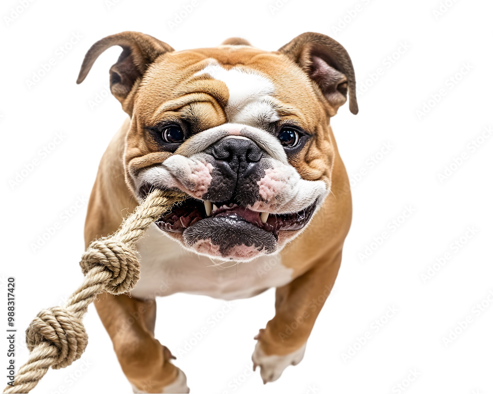 Obraz premium Bulldog tugging on a rope toy on transparent background