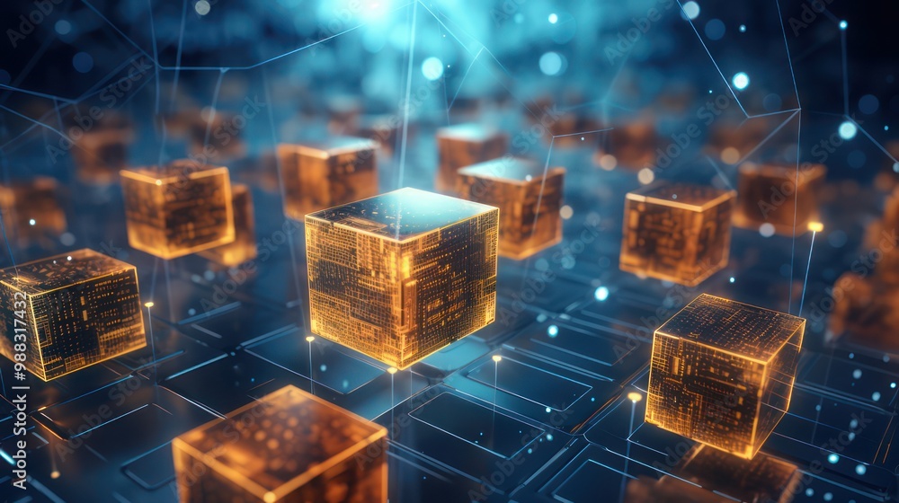 Blockchain Technology Visual representation, with abstract blue light background Blockchain Technology Visual representation, with abstract blue light background