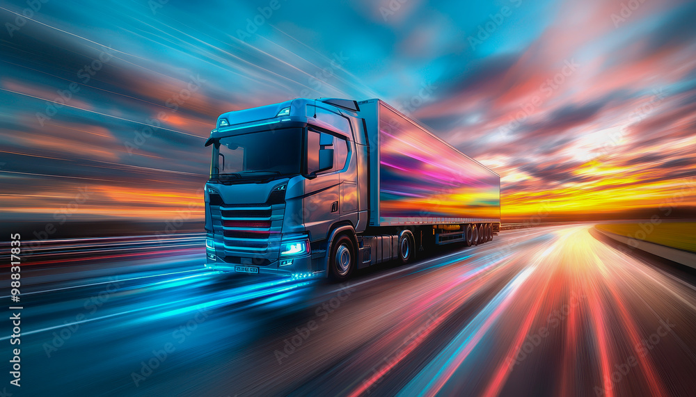 Truck on open highway at sunrise with dramatic clouds and vast green fields Truck on open highway at sunrise with dramatic clouds and vast green fields