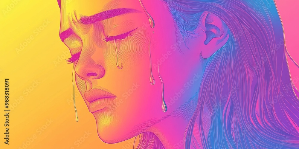 Line art illustration featuring a rainbow gradient of a cartoon woman in tears Line art illustration featuring a rainbow gradient of a cartoon woman in tears