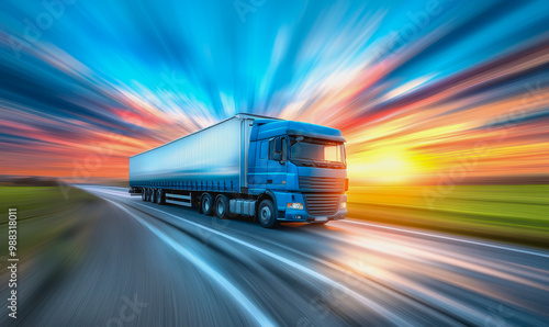 Truck on open highway at sunrise with dramatic clouds and vast green fields