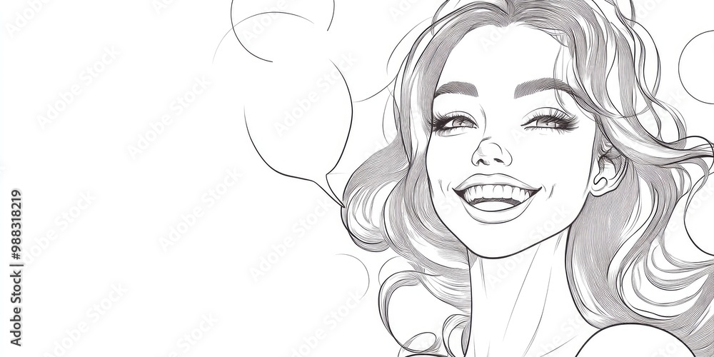 Line art illustration of a cheerful woman with a speech bubble Line art illustration of a cheerful woman with a speech bubble