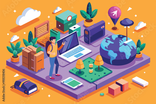 A digital nomad stands engaged with a laptop among travel gear and plants, depicted in a vibrant isometric style that captures a modern workspace.