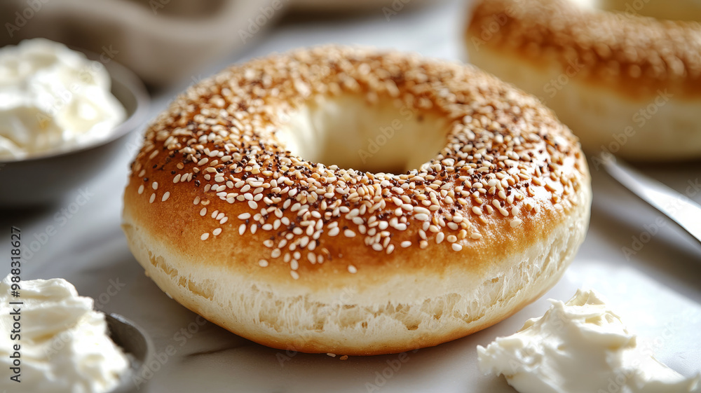 Sesame bagel with cream cheese on marble surface. Sesame bagel with cream cheese on marble surface.