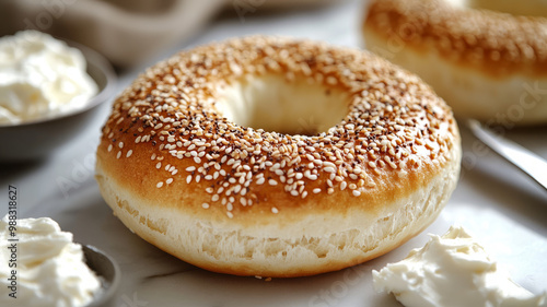 Sesame bagel with cream cheese on marble surface. photo