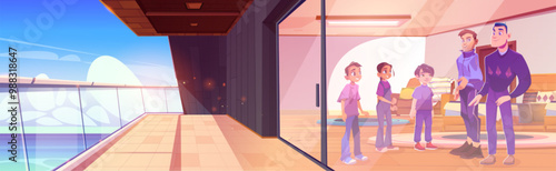 Happy smiling men and teenagers children in room interior with furniture and large balcony of house with sea view or cruise ship hotel. Cartoon vector summer ocean travel and vacation concept.