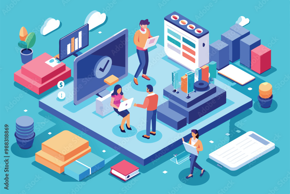 A vibrant workspace featuring characters engaged in digital presentations, utilizing devices and collaborating on projects in a modern, customizable environment. A vibrant workspace featuring characters engaged in digital presentations, utilizing devices and collaborating on projects in a modern, customizable environment.