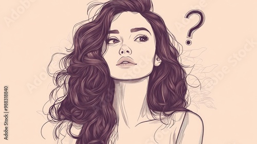 Line art illustration featuring a brunette woman with a question mark