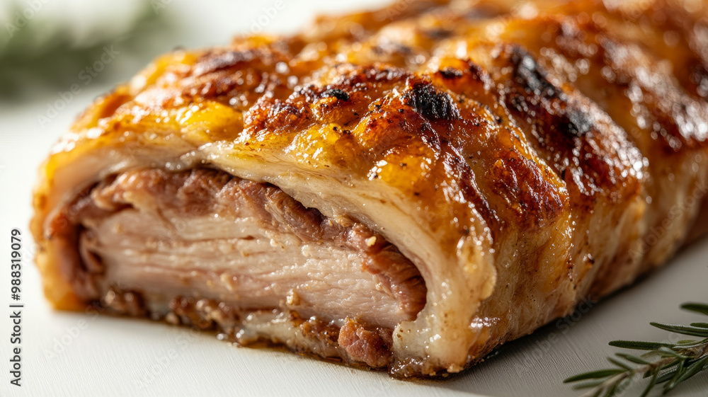 Close-up of a perfectly roasted pork belly with crispy skin. Close-up of a perfectly roasted pork belly with crispy skin.
