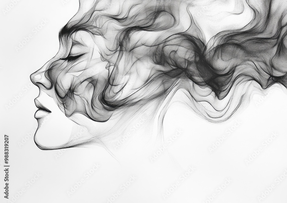 Line art depiction of dark flame smoke against a light backdrop Line art depiction of dark flame smoke against a light backdrop