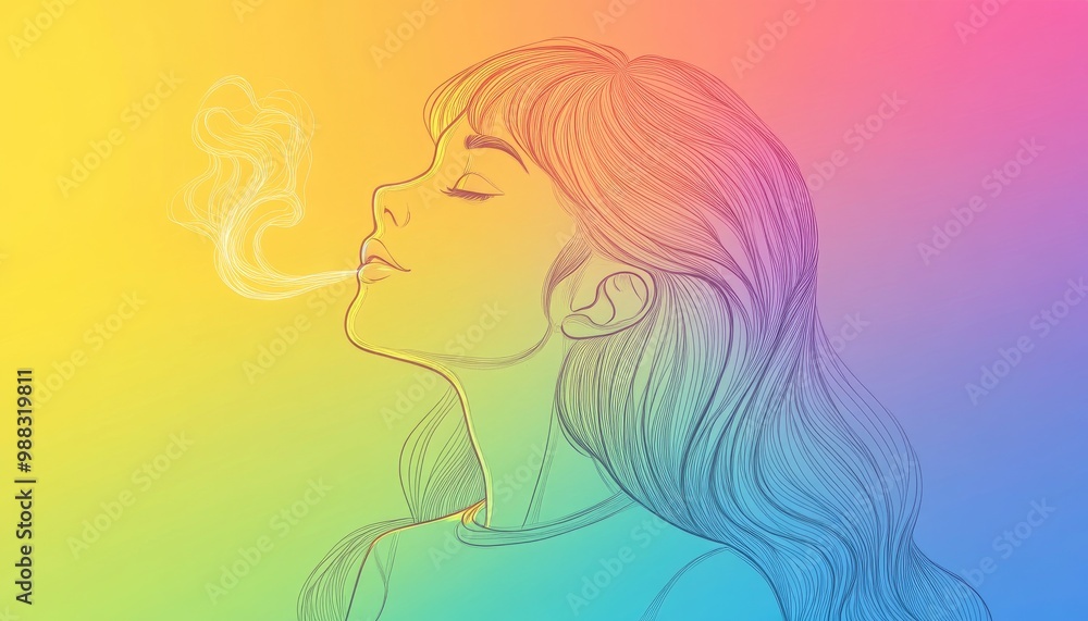 Line art illustration featuring a rainbow gradient drawing of a cartoon girl whistling Line art illustration featuring a rainbow gradient drawing of a cartoon girl whistling