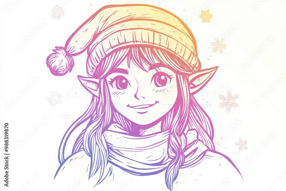 Line art illustration featuring a cheerful elf girl depicted with a warm gradient design Line art illustration featuring a cheerful elf girl depicted with a warm gradient design