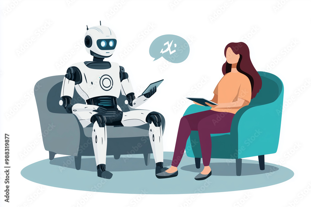 robot is talking to a woman in a chair. The robot is white and has a blue face. The robot is holding a tablet in its hand robot is talking to a woman in a chair. The robot is white and has a blue face. The robot is holding a tablet in its hand