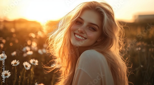 Smiling Young Woman with Long Blonde Hair in Field of Daisies at Sunset