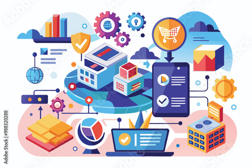 Wallpaper Mural A vibrant illustration showcasing digital transformation with customizable graphics, representing technology integration in business processes and systems. Torontodigital.ca