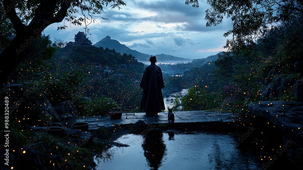 A serene figure gazes over a tranquil landscape at dusk, surrounded by nature's beauty and soft reflections on water. A serene figure gazes over a tranquil landscape at dusk, surrounded by nature's beauty and soft reflections on water.