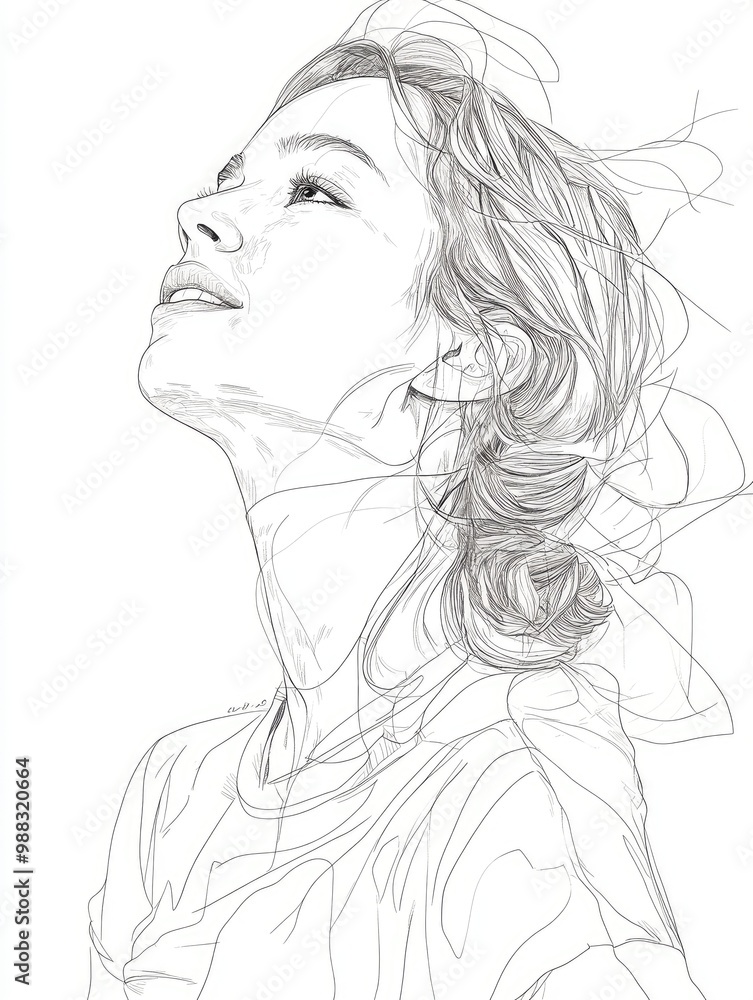 Line art illustration depicting a woman set against a plain white background Line art illustration depicting a woman set against a plain white background