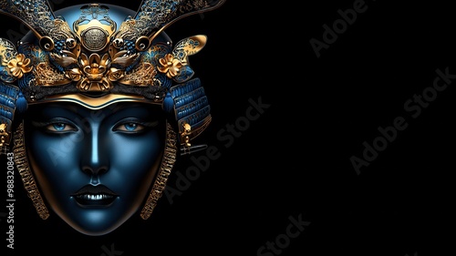 Artistic blue face mask adorned with golden decorations, symbolizing mystique and cultural significance.