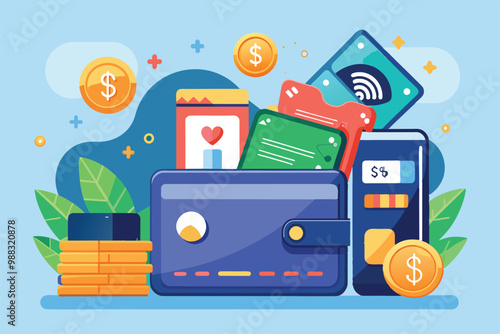 A vibrant digital wallet displays various cards, cash, and coins, highlighting the convenience of modern financial transactions in a colorful setting.