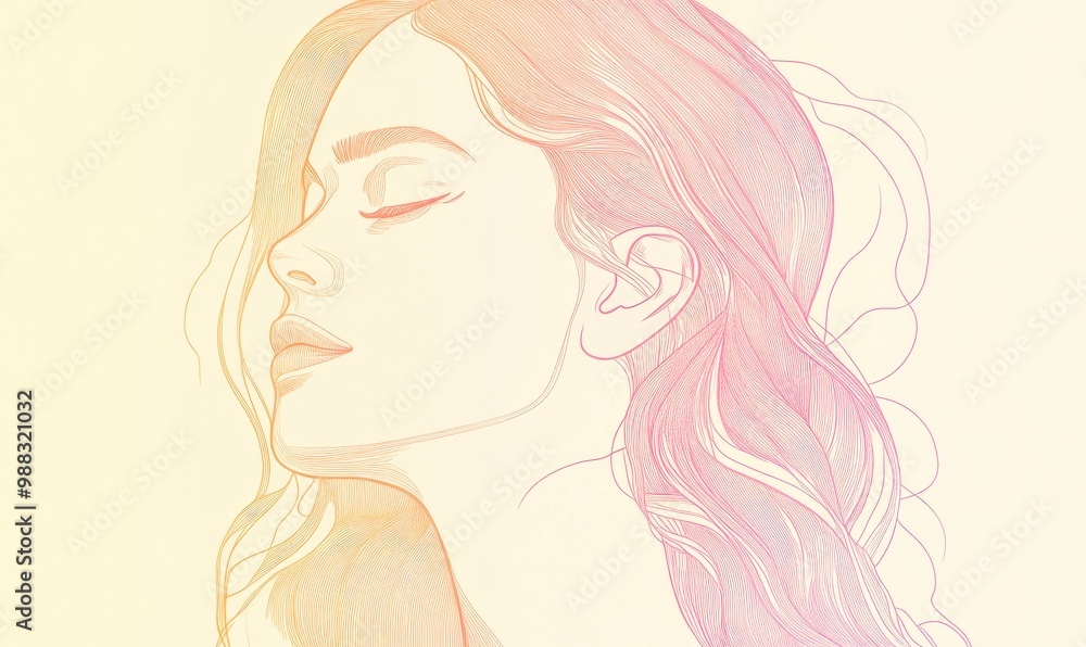 Line art illustration of a soothing gradient drawing featuring a cartoon woman in a calm expression Line art illustration of a soothing gradient drawing featuring a cartoon woman in a calm expression