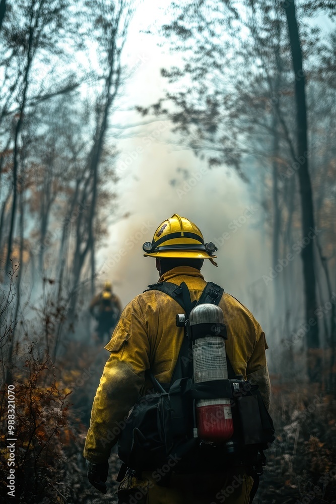 Firefighters Battling Forest Fire in Autumn Woods with Smoke and Flames in the Background Firefighters Battling Forest Fire in Autumn Woods with Smoke and Flames in the Background