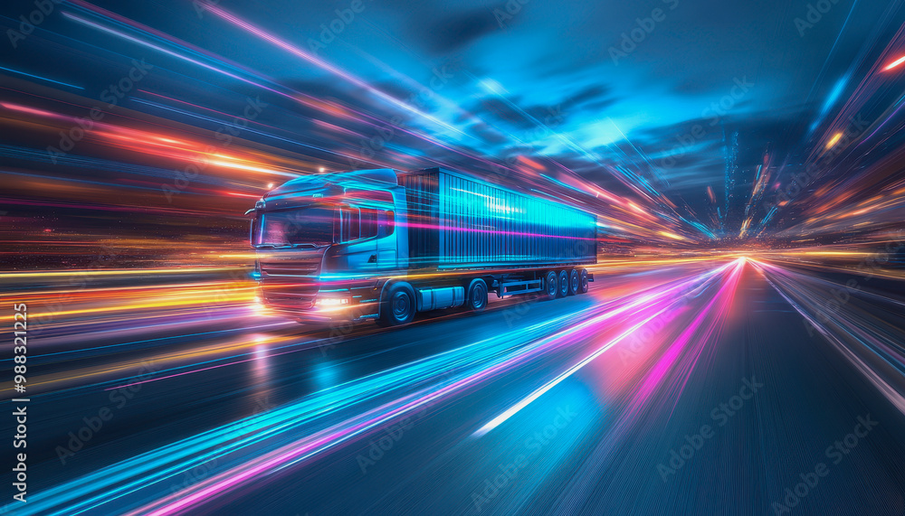 Powerful truck driving at dawn on an empty highway with green fields and a golden sky Powerful truck driving at dawn on an empty highway with green fields and a golden sky