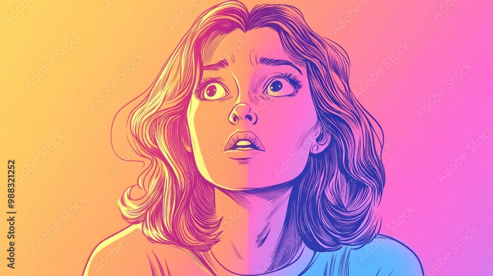 Line art illustration featuring a vibrant gradient depiction of a concerned cartoon woman Line art illustration featuring a vibrant gradient depiction of a concerned cartoon woman