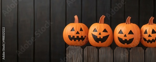 A row of carved orange pumpkins with various cheerful faces against a dark wooden backdrop, embodying the Halloween spirit.