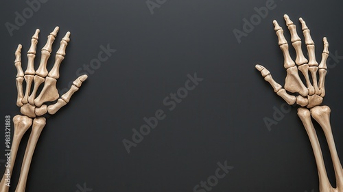 Image of two human skeleton hands arranged symmetrically on a dark background, showcasing detailed bone structure and phalanges. photo